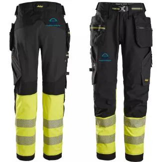 Kronjyllands Vandbyg High-Vis streth arbejdsbukser, Klasse 1, med hængelommer i Sort/Gul ( Incl. Lille logo på H/baglomme og lille logo på H/Lår )