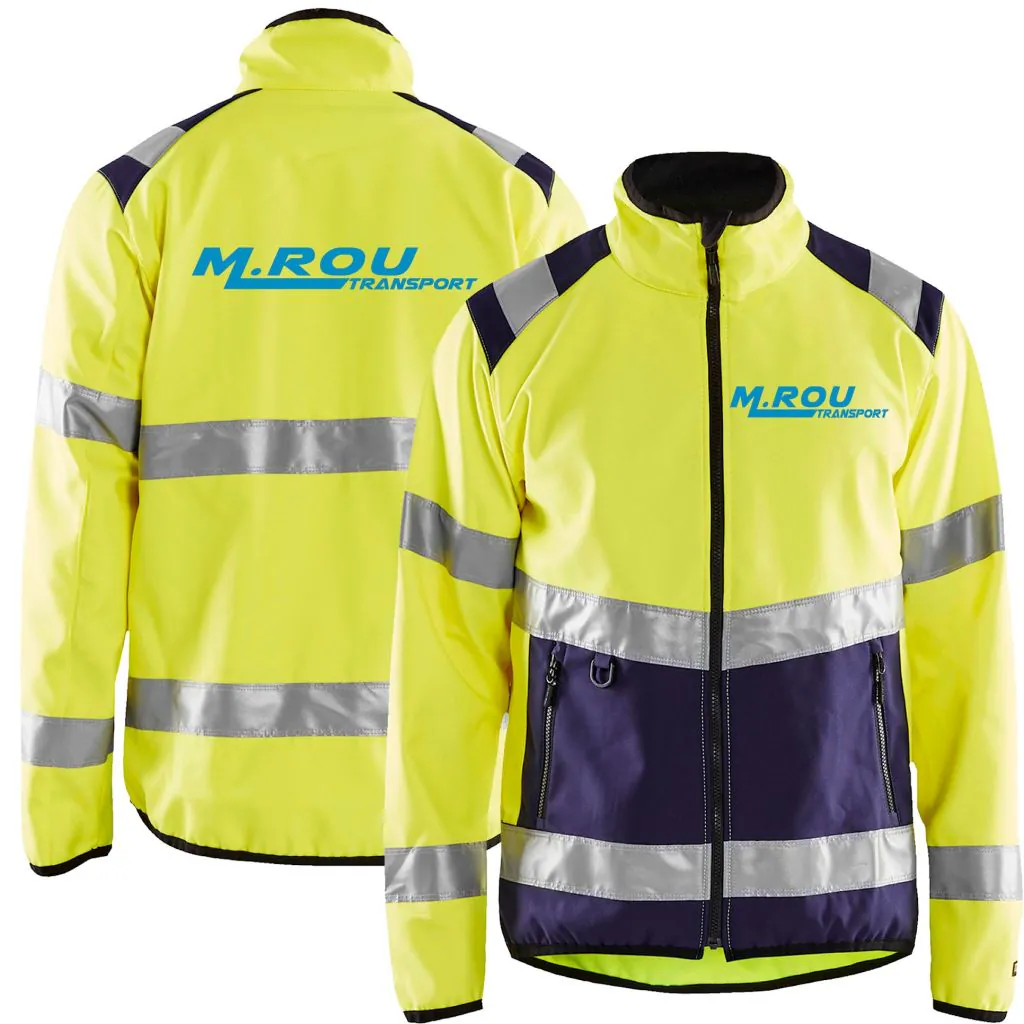 Blåkläder 4877 High Vis Light Softshell Arbejdsjakke i Gul/Marine ( Incl. lille M. Rou Transport logo på v/Bryst og stort logo på Ryg )