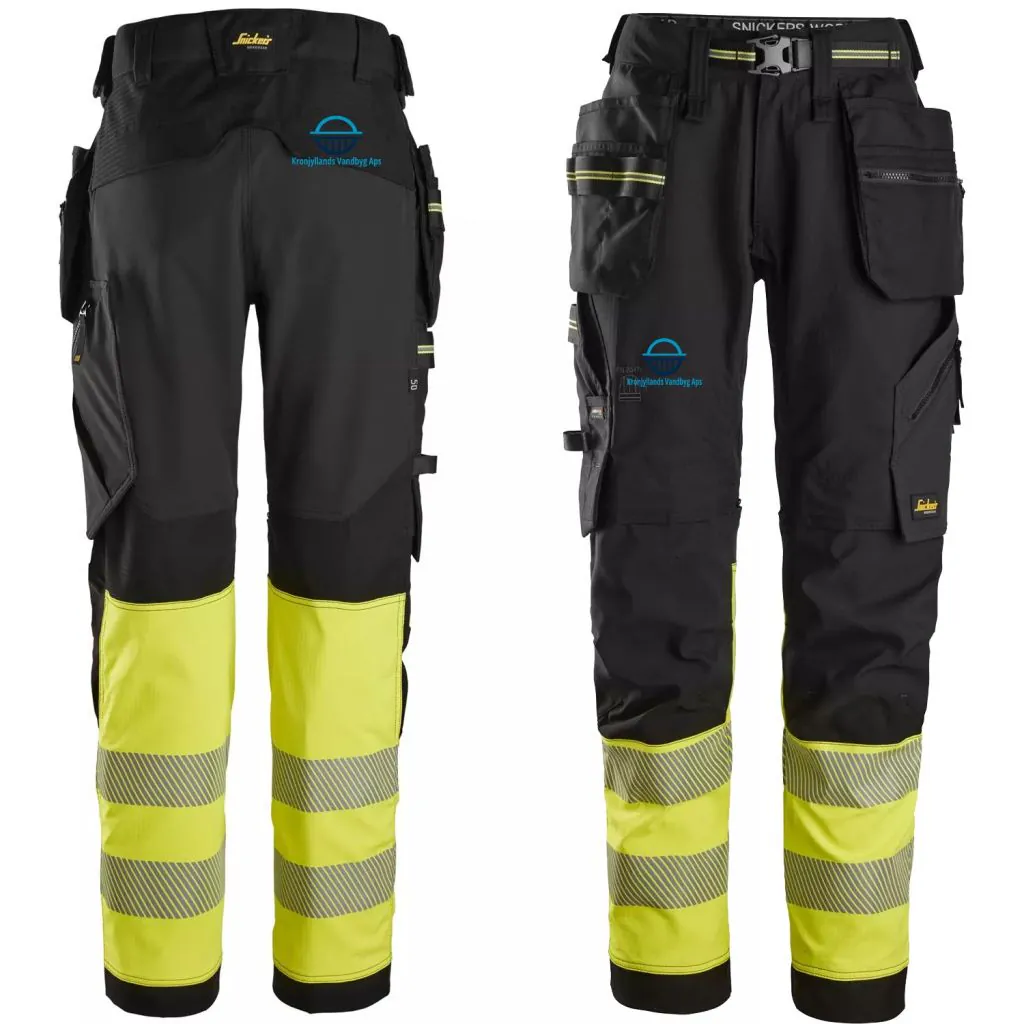 Kronjyllands Vandbyg High-Vis streth arbejdsbukser, Klasse 1, med hængelommer i Sort/Gul ( Incl. Lille logo på H/baglomme og lille logo på H/Lår )